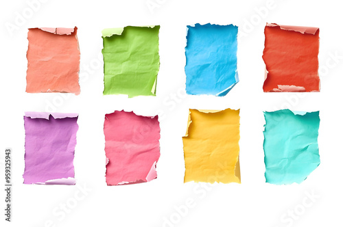 Various colorful torn paper pieces, realistic isolated elements on a transparent background for design 