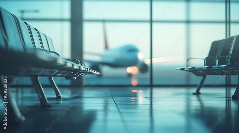 Fototapeta premium Defocused empty airport terminal lounge with airplane on background : Generative AI