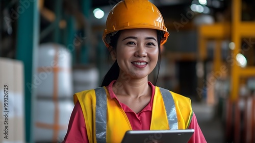 Female woman lady labor employee labour construction look see watch tablet control teamwork group warehouse manager safety development expertsie talk speak discussion happy smile logis : Generative AI