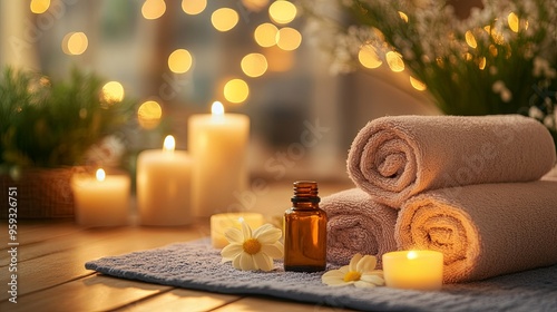 A serene spa room with soft candlelight and essential oils, featuring a close-up of a person receiving a soothing massage on a comfortable table. 