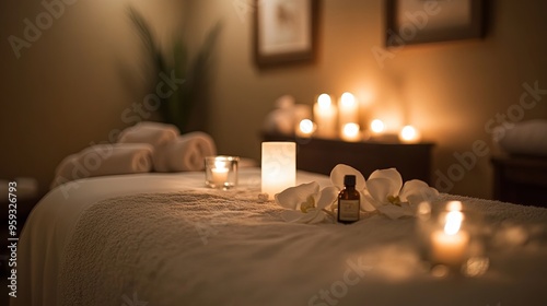 A serene spa room with soft candlelight and essential oils, featuring a close-up of a person receiving a soothing massage on a comfortable table. 
