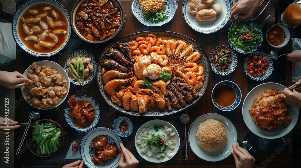Fototapeta premium Traditional Malaysian Chinese home cooked food during reunion dinner directly above view : Generative AI