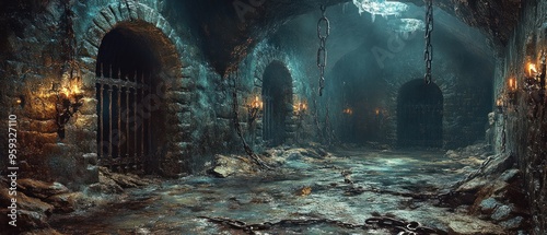 A Dark and Damp Stone Corridor with Chains and Icicles