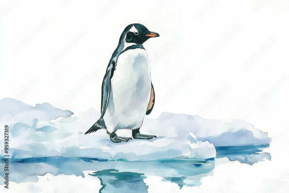 Obraz premium A serene penguin stands on an ice floe, showcasing its unique features in a tranquil polar landscape.