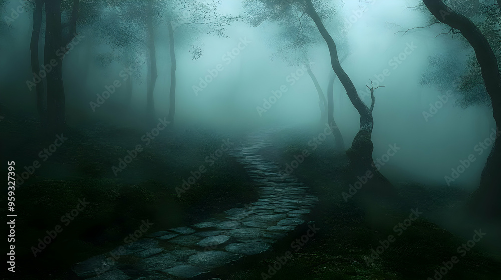A winding stone path disappearing into the thick fog of a mysterious forest. A winding stone path disappearing into the thick fog of a mysterious forest.