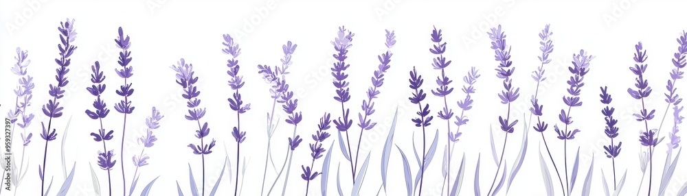 Naklejka premium A serene lavender field with delicate purple blooms, perfect for creating a calming atmosphere and enhancing floral aesthetics.