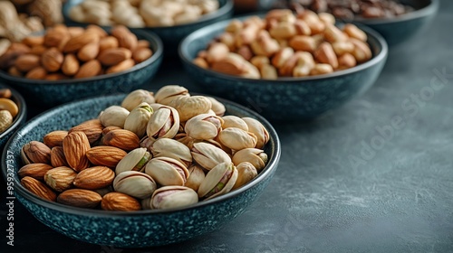 Plates with different nuts on a table pistachios almonds and cashews in bowls finger food : Generative AI