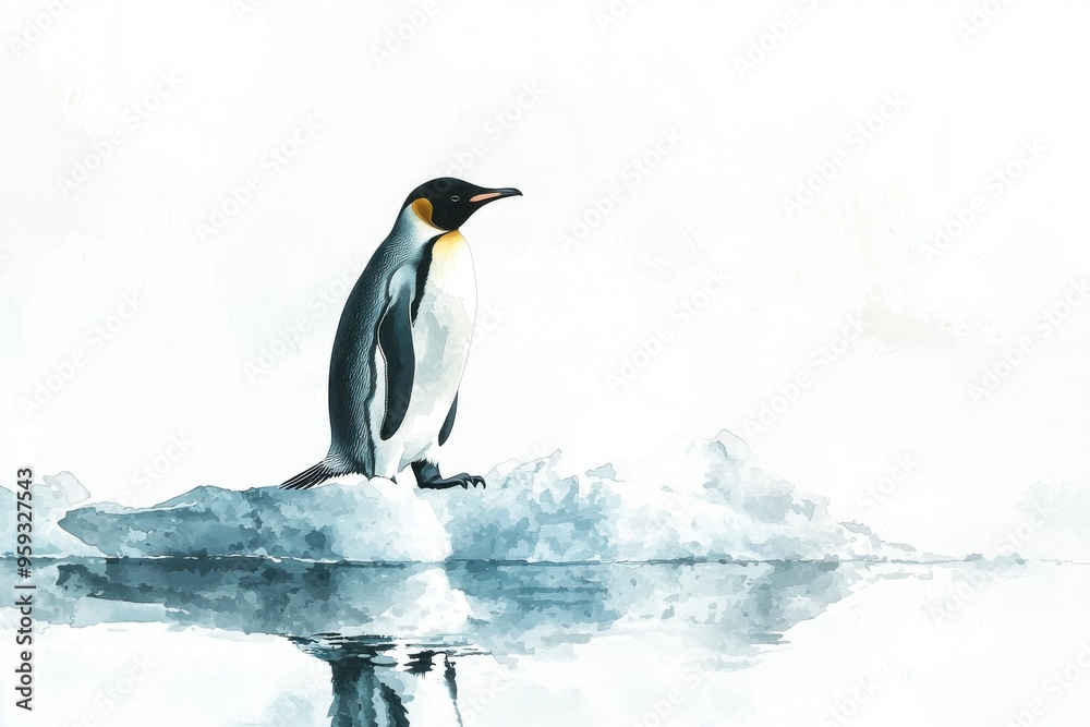 Fototapeta premium A solitary penguin stands gracefully on an ice floe, surrounded by a serene, icy landscape reflecting its beauty.