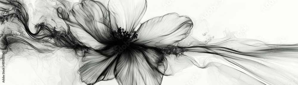 Obraz premium An elegant black and white abstract floral design, featuring delicate smoke patterns that evoke a sense of tranquility and sophistication.