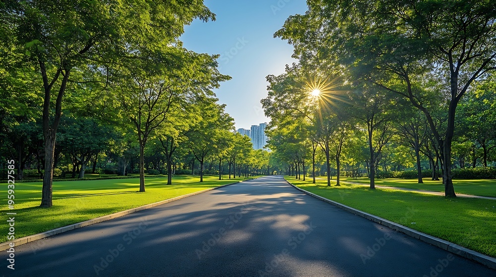 Fototapeta premium Empty street green city park with blue sky Pathway and beautiful trees track for running or walking and cycling relax in park on green grass field on the side Sunlight and flare backgr : Generative AI