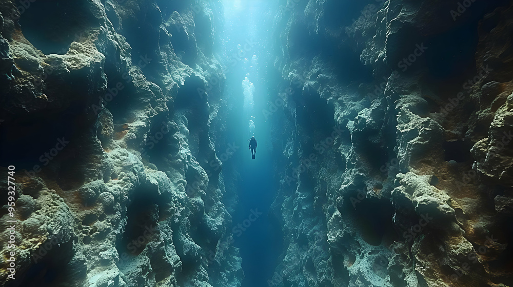 Underwater Diver in a Rocky Canyon 3D Illustration Underwater Diver in a Rocky Canyon 3D Illustration