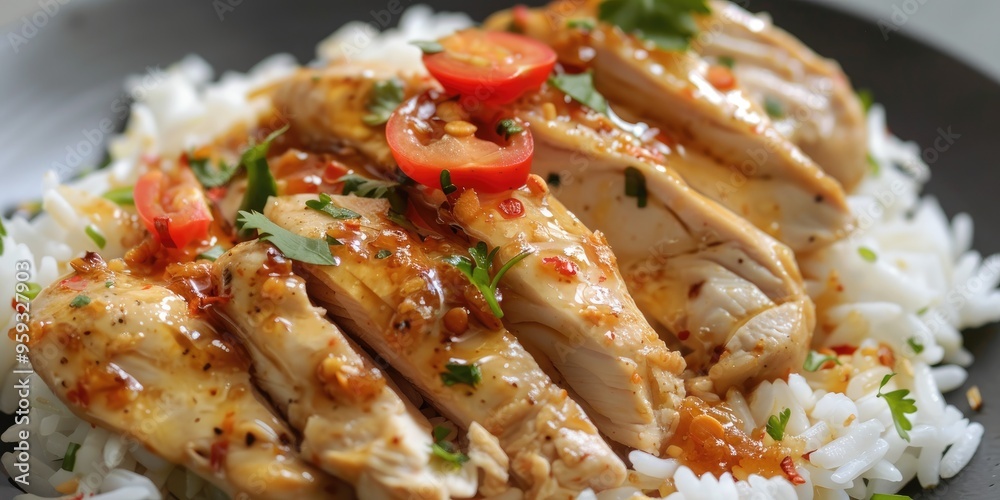 Chicken Glazed with Honey Mustard Sauce Accompanied by a Bed of Rice Chicken Glazed with Honey Mustard Sauce Accompanied by a Bed of Rice