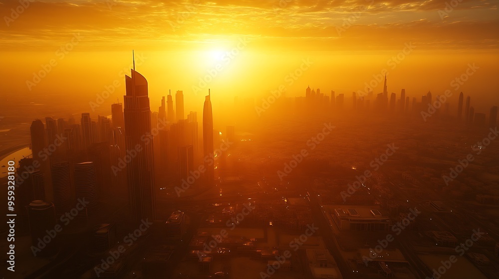 Fototapeta premium Beautiful sunset over Dubai city amazing cityscape lit with warm sun light contemporary new modern architecture view from above on a luxury property of United Arab Emirates : Generative AI