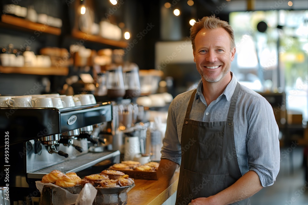 Smiling Barista in a Coffee Shop with Pastries and an Espresso Machine Smiling Barista in a Coffee Shop with Pastries and an Espresso Machine