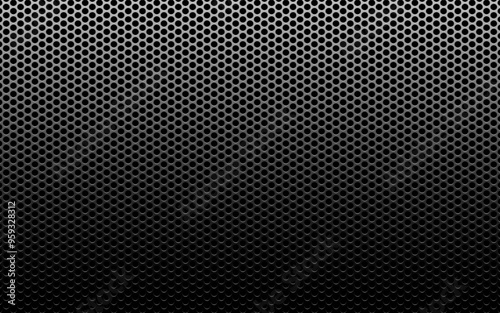 Perforated metal texture. Dark carbon background. Black steel with light effect. Futuristic surface with holes. Modern industrial design for poster or banner. Vector illustration.