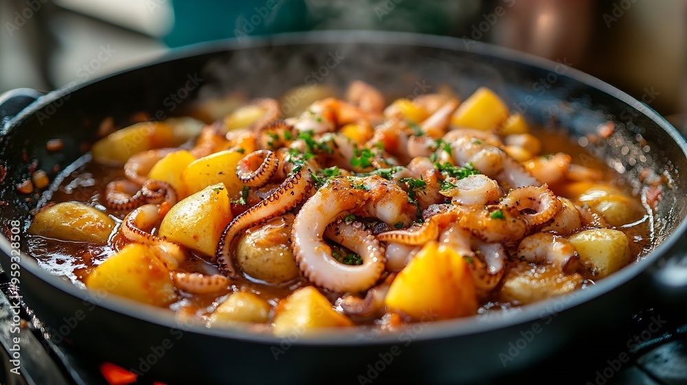 Strips of squid stewed with potatoes vegetables and broth : Generative AI Strips of squid stewed with potatoes vegetables and broth : Generative AI