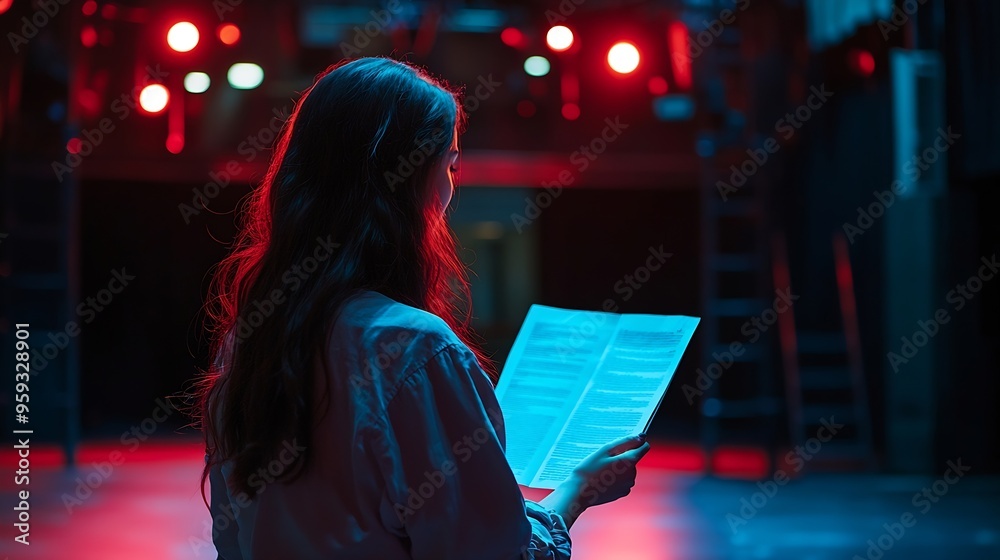 © Generative AI - Close up of unrecognizable actress reading script backstage and taking notes copy space : Generative AI