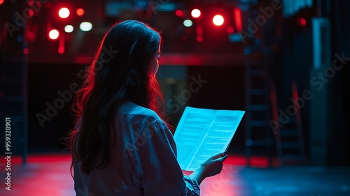 Close up of unrecognizable actress reading script backstage and taking notes copy space : Generative AI