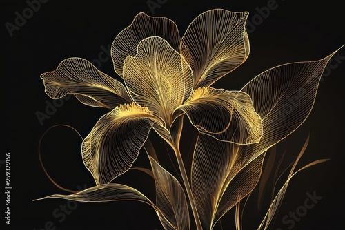 Elegant gold flower illustration on a dark background, showcasing intricate lines and organic shapes for artistic inspiration.