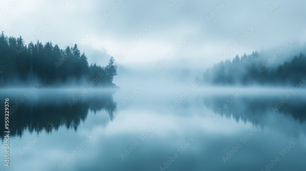 Fototapeta premium Early morning fog and smoke blend over a tranquil lake, creating a serene and mystical atmosphere in the quiet hours of dawn