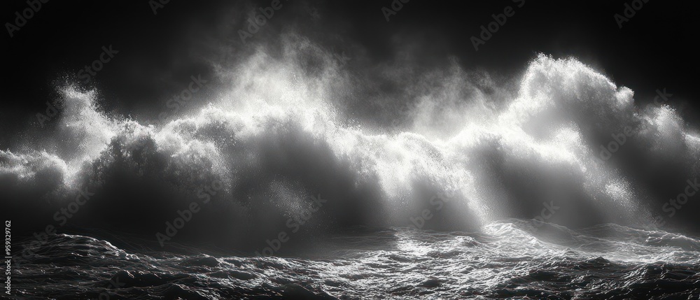 Fototapeta premium A Stormy Sea With Spraying Waves and Sunlight Beams