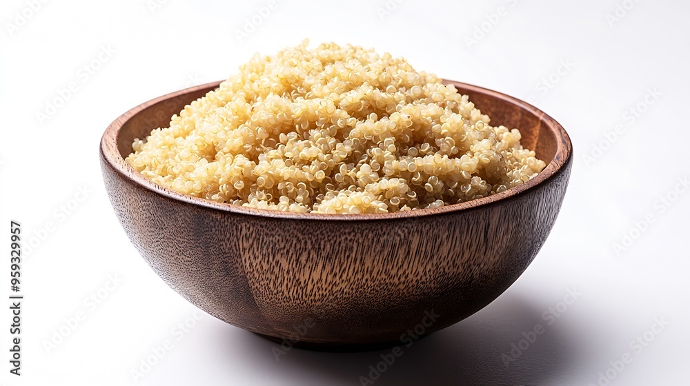 Tasty cooked quinoa in bowl isolated on white top view : Generative AI Tasty cooked quinoa in bowl isolated on white top view : Generative AI