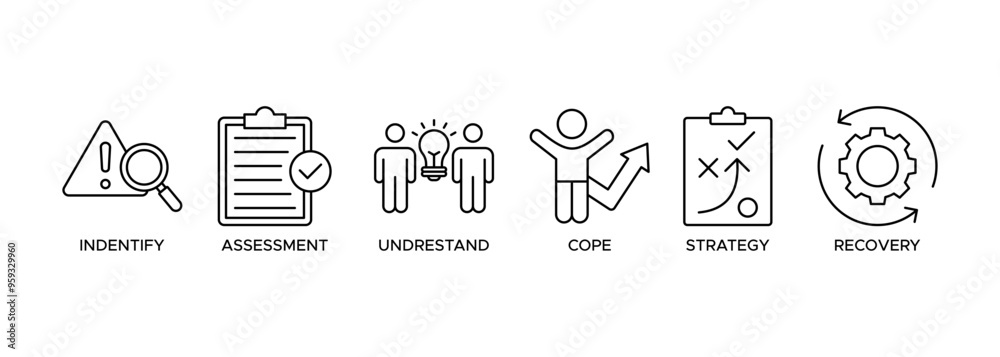 Crisis management icon vector illustration banner web for business strategy and organization of identify, assessment, understand, cope, strategy and recovery Crisis management icon vector illustration banner web for business strategy and organization of identify, assessment, understand, cope, strategy and recovery