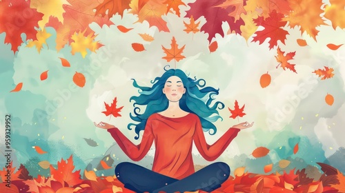 Woman with blue hair meditating in an autumnal forest.