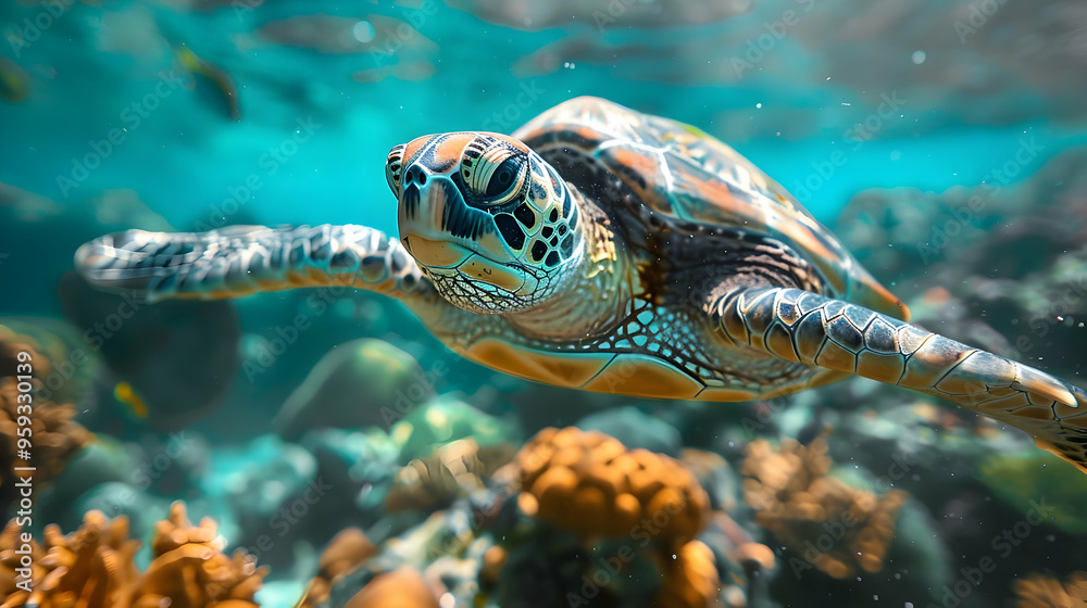 Obraz premium Sea Turtle Swimming Through Coral Reef Illustration