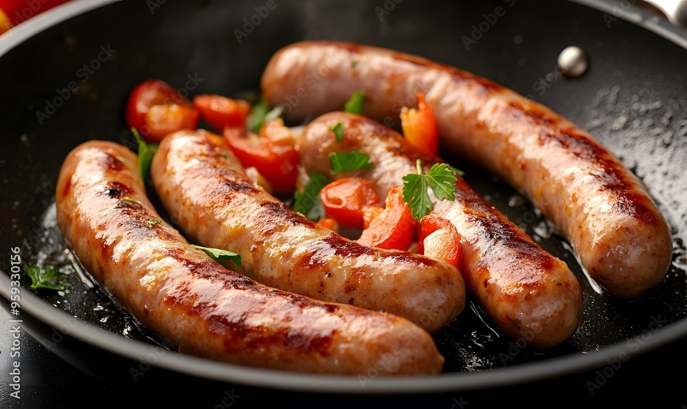 sizzling chipolata sausages inside a frying pan, Generative AI sizzling chipolata sausages inside a frying pan, Generative AI