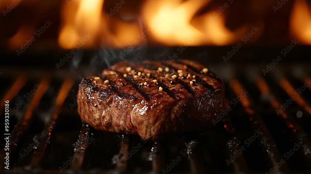 Grilled meat steak on stainless grill depot with flames on dark background Food and cuisine concept : Generative AI