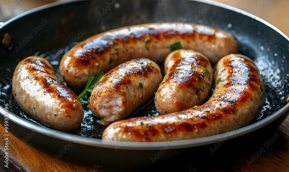 sizzling chipolata sausages inside a frying pan, Generative AI