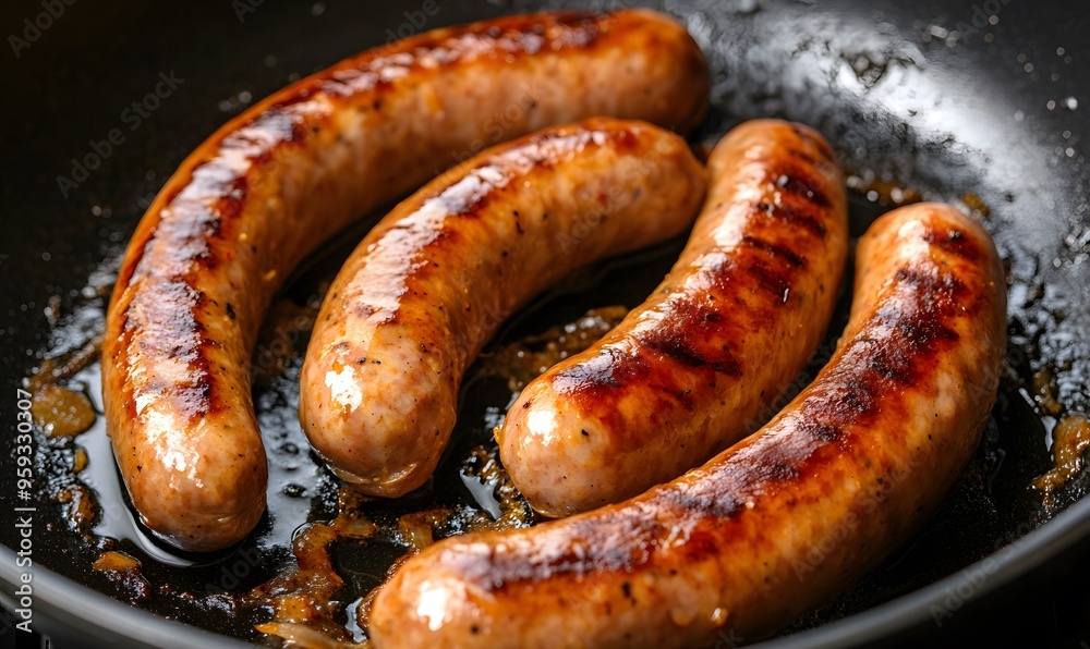sizzling chipolata sausages inside a frying pan, Generative AI sizzling chipolata sausages inside a frying pan, Generative AI