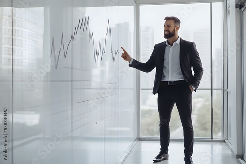 Businessman in Suit Presenting a Line Graph on a Whiteboard