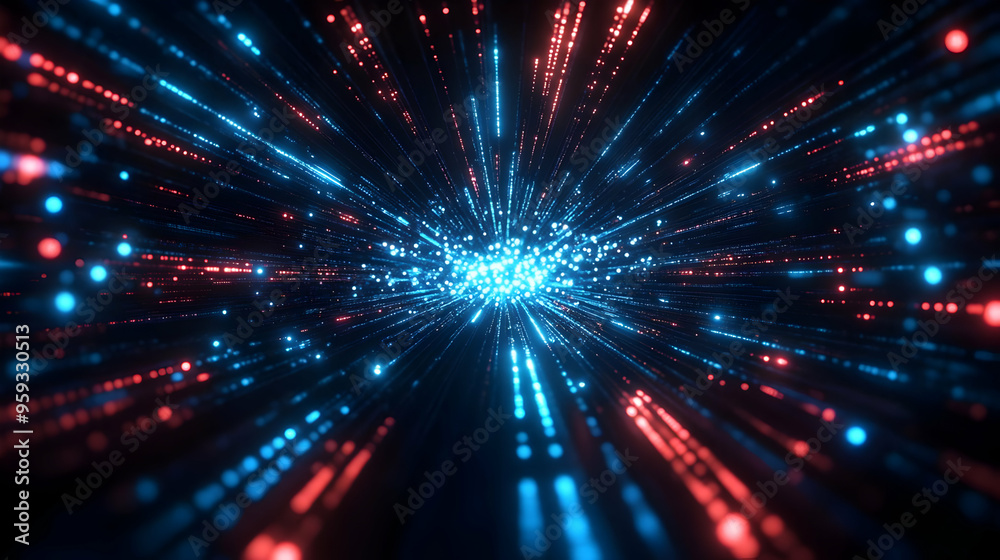 Naklejka premium Abstract background with glowing red and blue particles converging in the center.