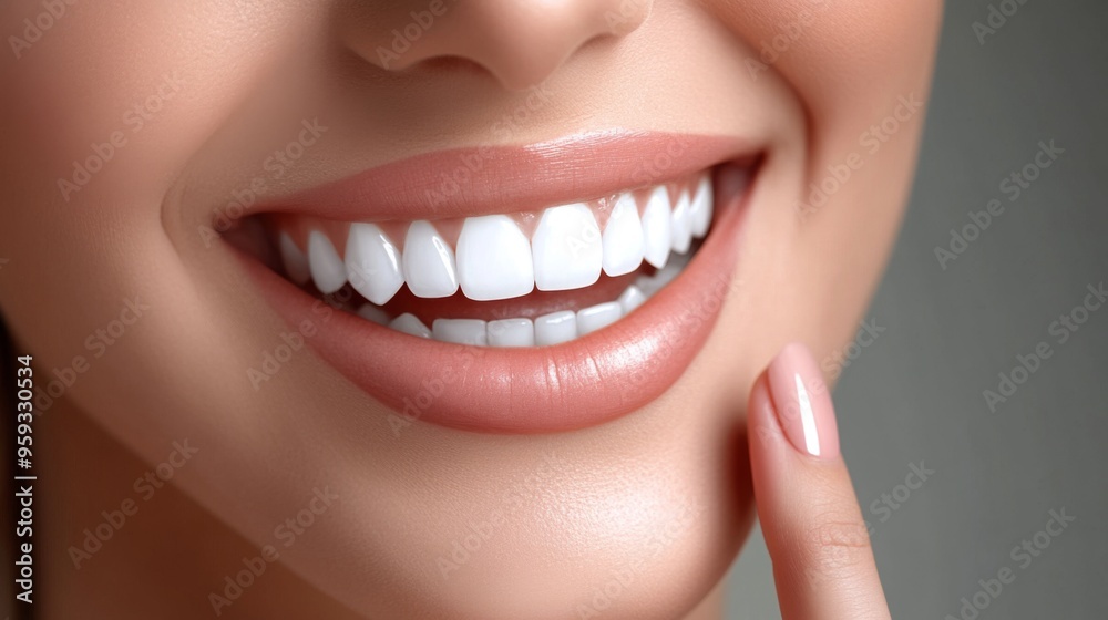 Obraz premium A close-up image showcasing a smiling mouth with perfectly white and aligned teeth, highlighting the detail of the lips, teeth, and a hint of a finger touching the face.