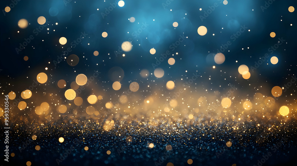Abstract background with gold bokeh and glitter on a dark blue background. Abstract background with gold bokeh and glitter on a dark blue background.