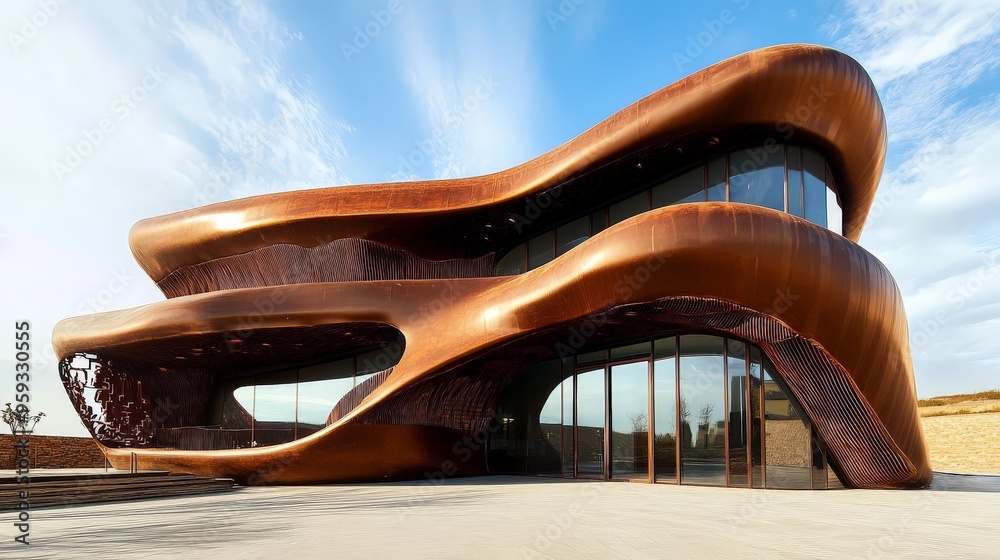 futuristic building, its sleek, curved lines made from a mix of dark, milk, and white chocolate. futuristic building, its sleek, curved lines made from a mix of dark, milk, and white chocolate.