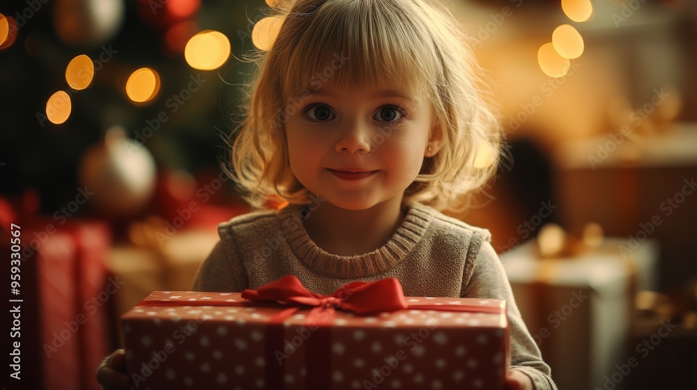 A young child with blonde hair happily holds a wrapped gift box with a red ribbon in a warm, festive setting, adorned with Christmas ornaments and lights. A young child with blonde hair happily holds a wrapped gift box with a red ribbon in a warm, festive setting, adorned with Christmas ornaments and lights.