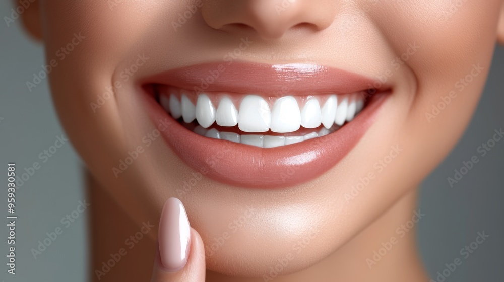 Obraz premium A close-up image showcasing a bright, shiny smile with perfectly aligned and white teeth, highlighting dental health and cleanliness, accompanied by a manicured finger pointing.