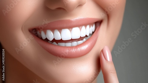 A close-up image showcasing a smiling mouth with perfectly white and aligned teeth, highlighting the detail of the lips, teeth, and a hint of a finger touching the face.