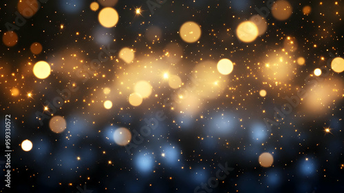 Abstract background with golden and blue bokeh lights on a black background.