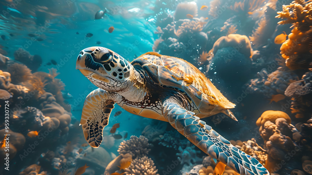 Fototapeta premium Sea Turtle Swimming in Coral Reef - Realistic Illustration