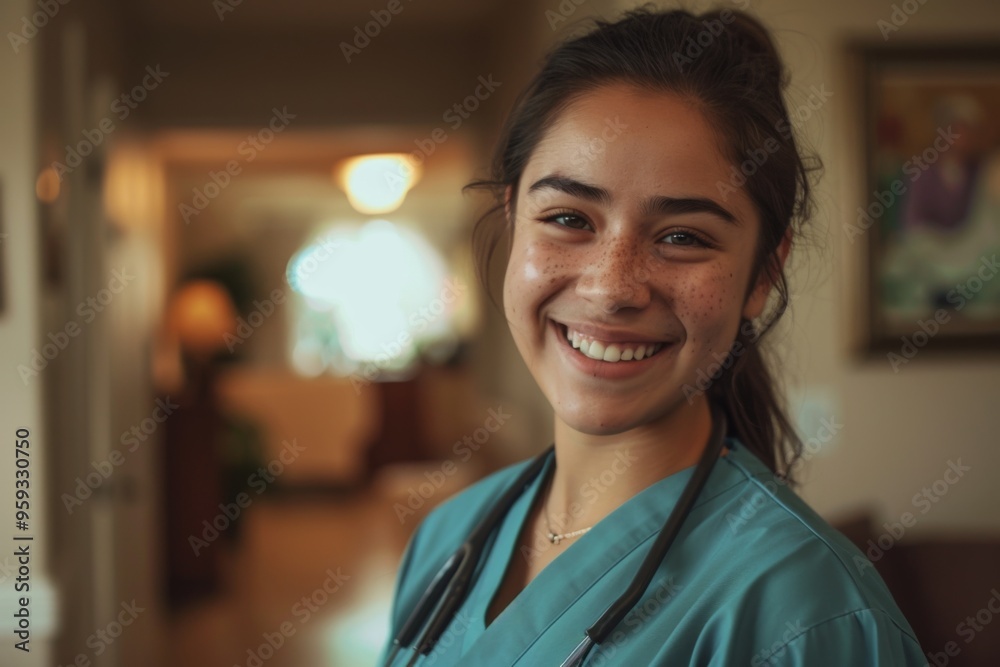 Fototapeta premium Portrait of a young hispanic nurse in scrubs at nursing home