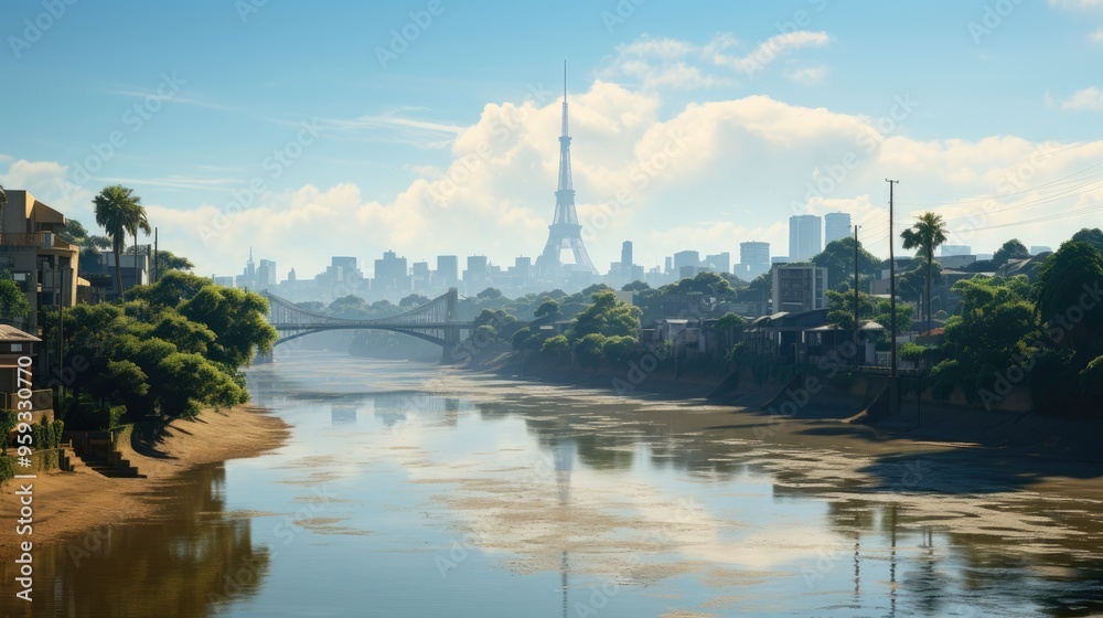 Fototapeta premium High and fast water rising in Bayou River with downtown Houston in background 
