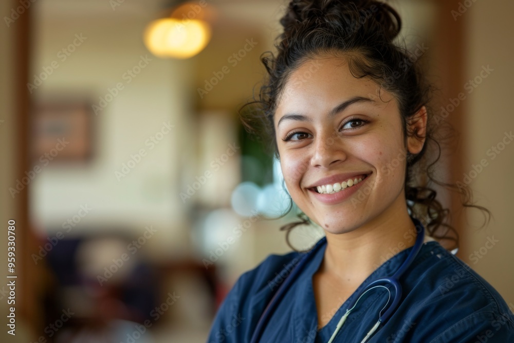 Portrait of a young hispanic nurse in scrubs at nursing home Portrait of a young hispanic nurse in scrubs at nursing home