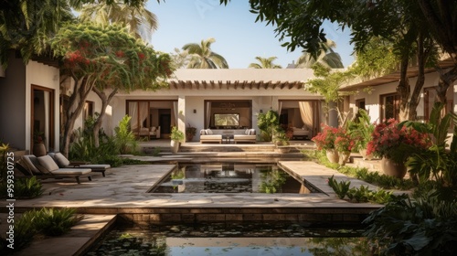 Hidden Courtyard at home Tranquil courtyard with stone walkways meet lush greenery.  