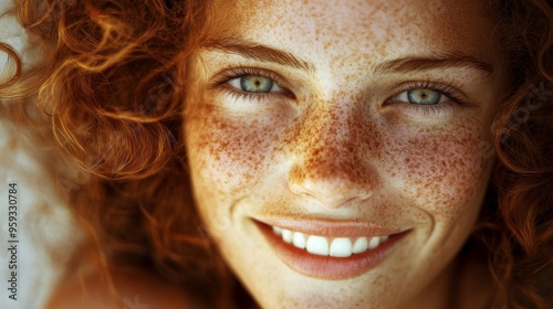 A close-up shot of a woman with vibrant curly hair and a freckle-covered face, smiling warmly at the camera, showcasing natural beauty and authentic joy in a captivating portrait.