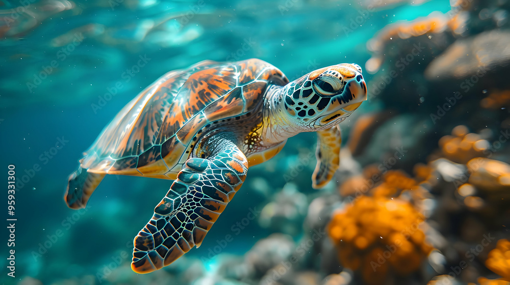 Fototapeta premium Sea Turtle Swimming Underwater Illustration