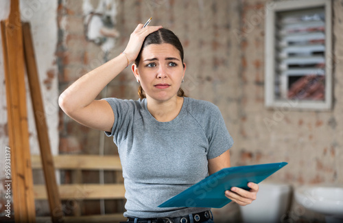 Upset confused young inexperienced female designer standing in apartment during refurbishment, determining scope of work